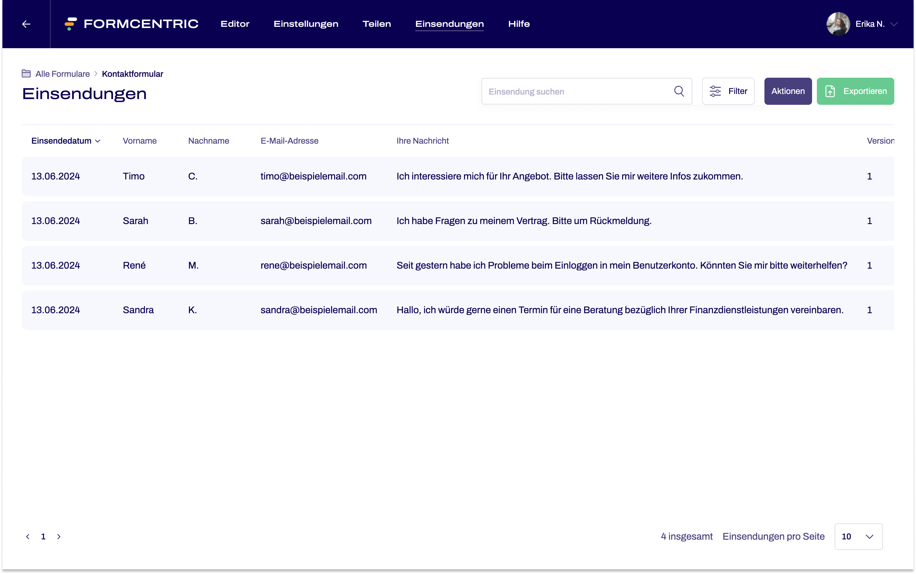 Eine Übersicht mit 4 Einsendungen ist zu sehen. Die Einsendungen gehören zum Kontaktformular.
