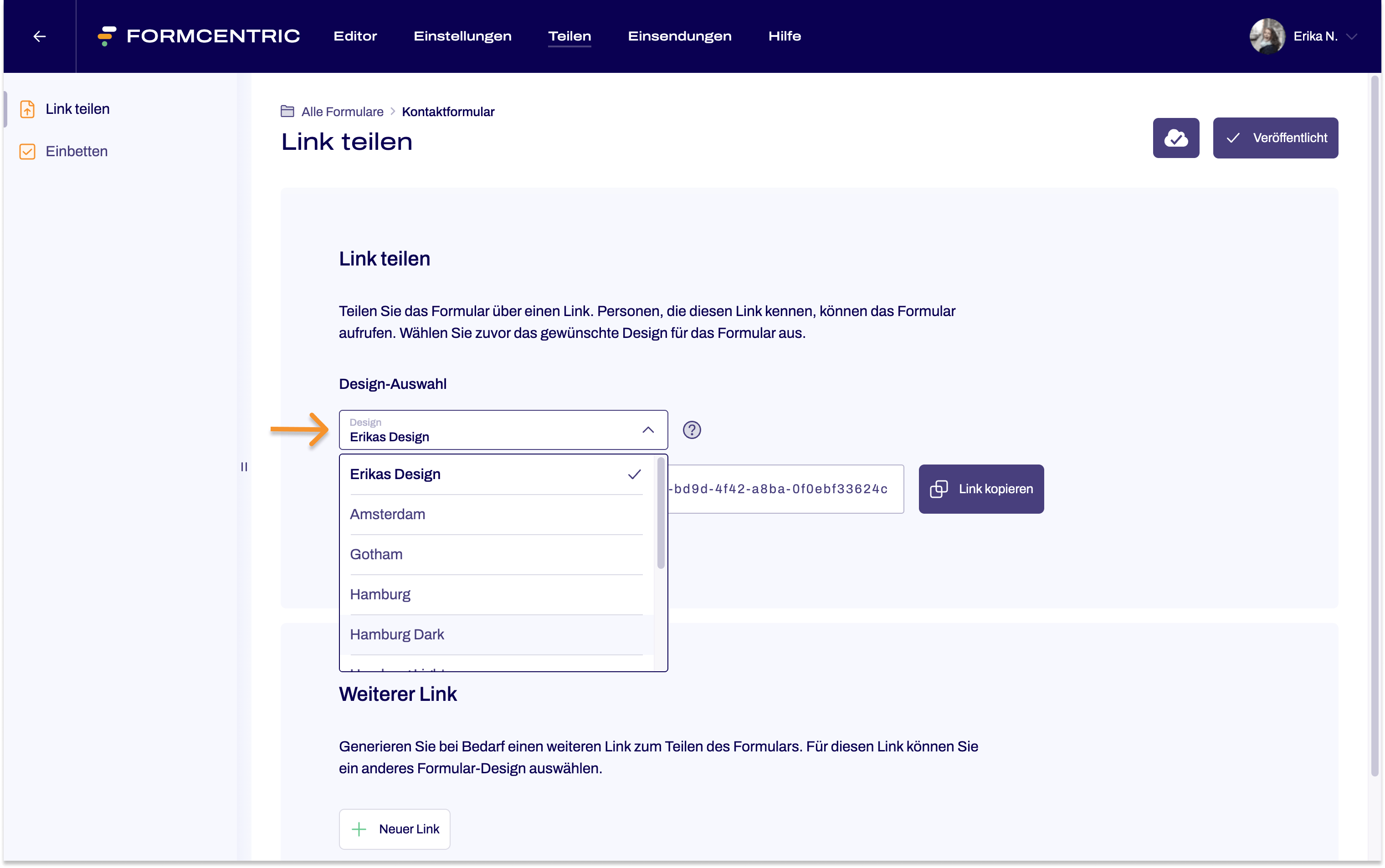 Der Bereich Link teilen ist zu sehen. Die Auswahlliste mit den verschiedenen Designs, die für das Formular zur Verfügung stehen, ist aufgeklappt.