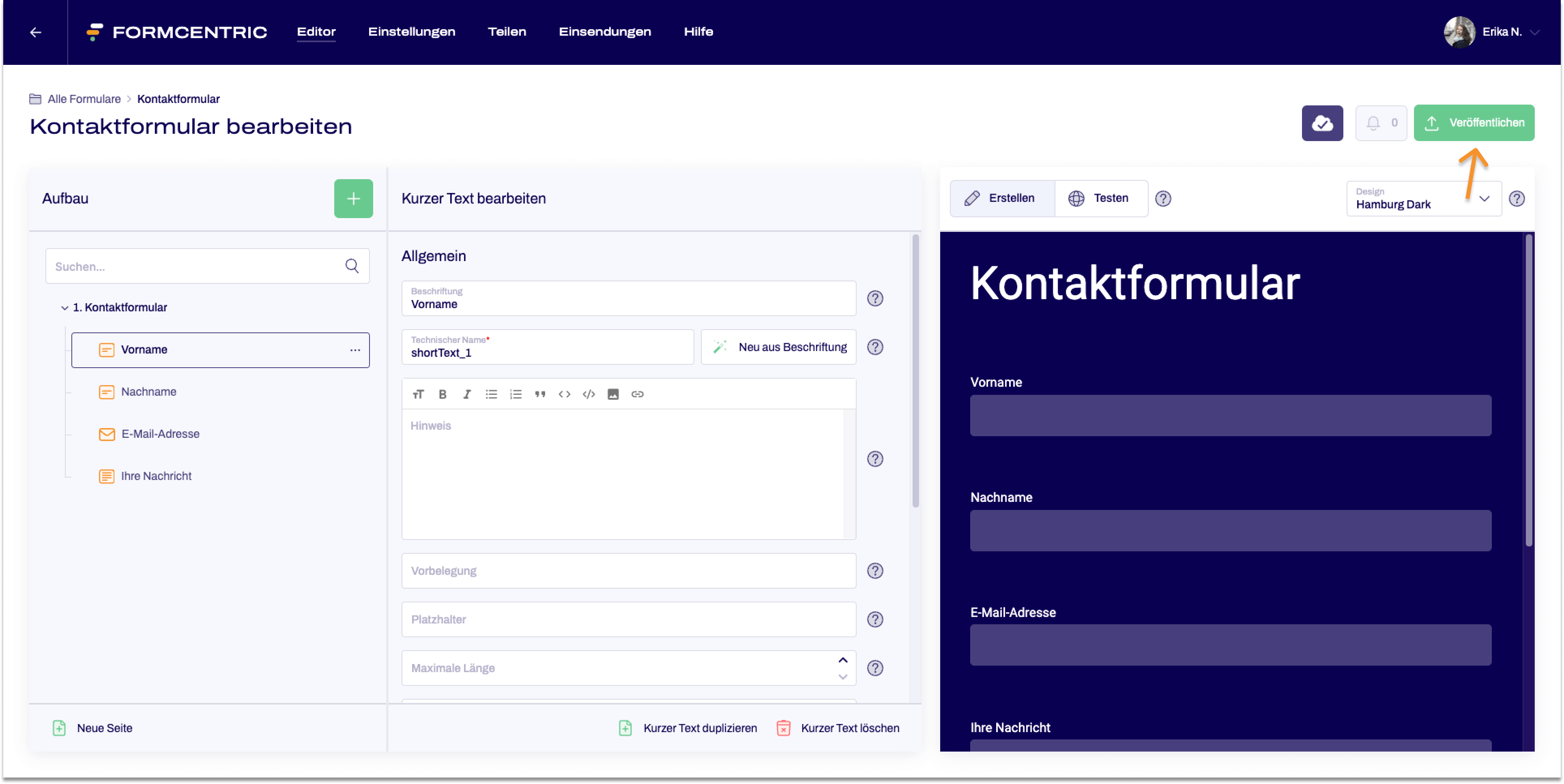 Der Editor ist zu sehen mit einem Kontaktformular. Ein Pfeil zeigt rechts oben auf die Schaltfläche Veröffentlichen.