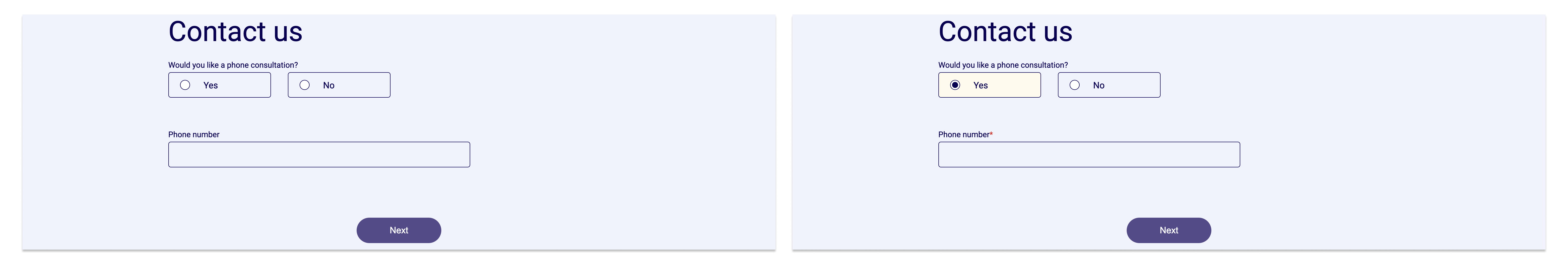 Two form extracts can be seen. Both ask whether a telephone consultation is desired. Nothing is ticked in one form. Entering a telephone number is optional. In the other form, yes is selected. Here the input field for the telephone number is a mandatory field.