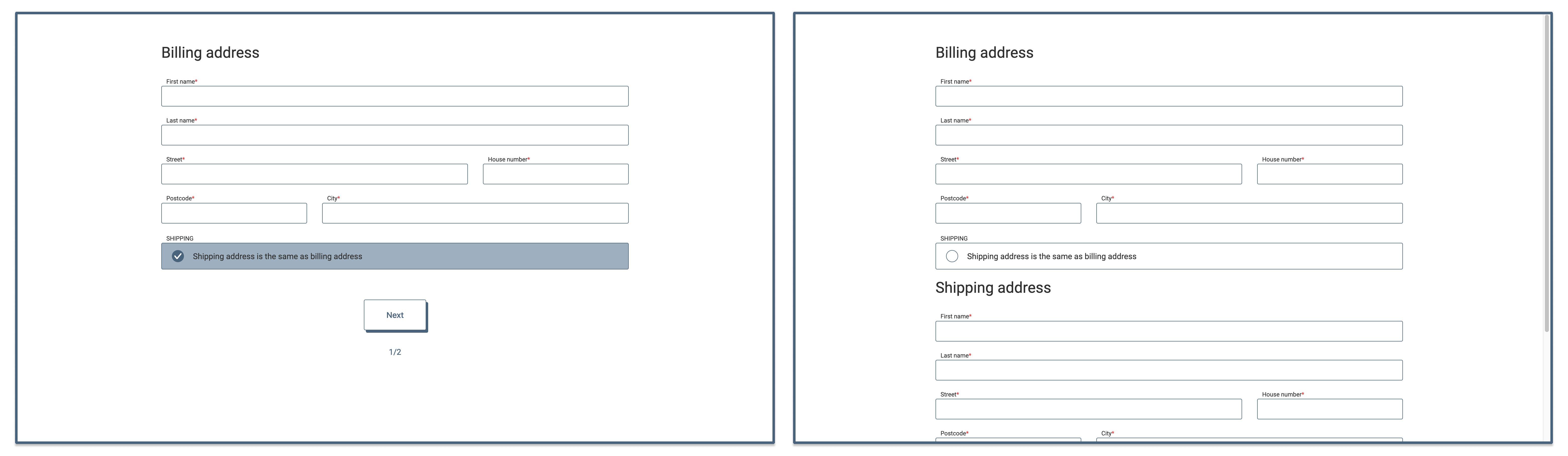 Two forms can be seen. One form contains input fields for the billing address. At the bottom there is a ticked checkbox to confirm that the delivery address is identical to the billing address. On the other form, the box is unchecked. Input fields for entering a delivery address are also displayed here.