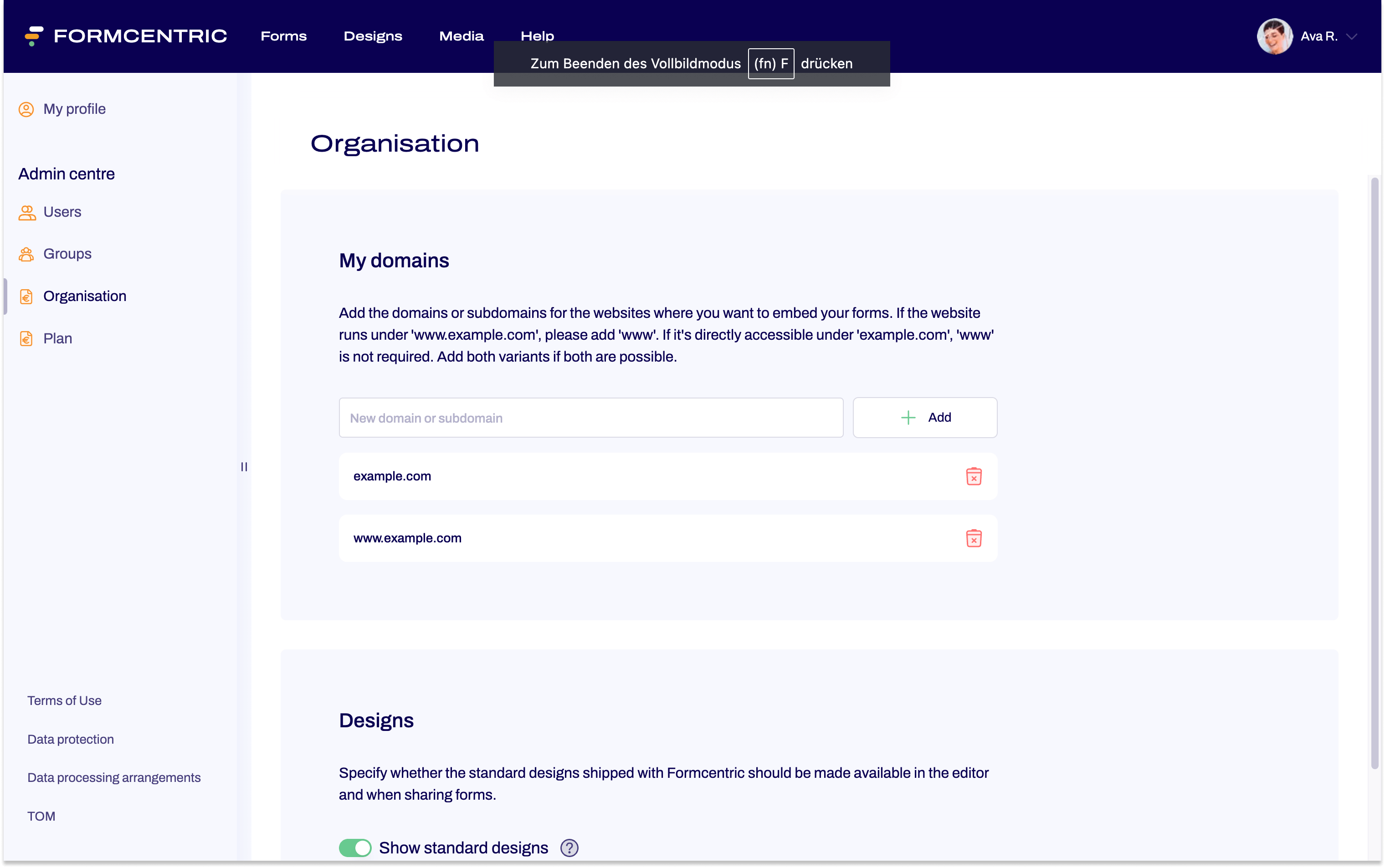 The Organisation area is open. The domains example.com and www.example.com are entered in the My domains area.