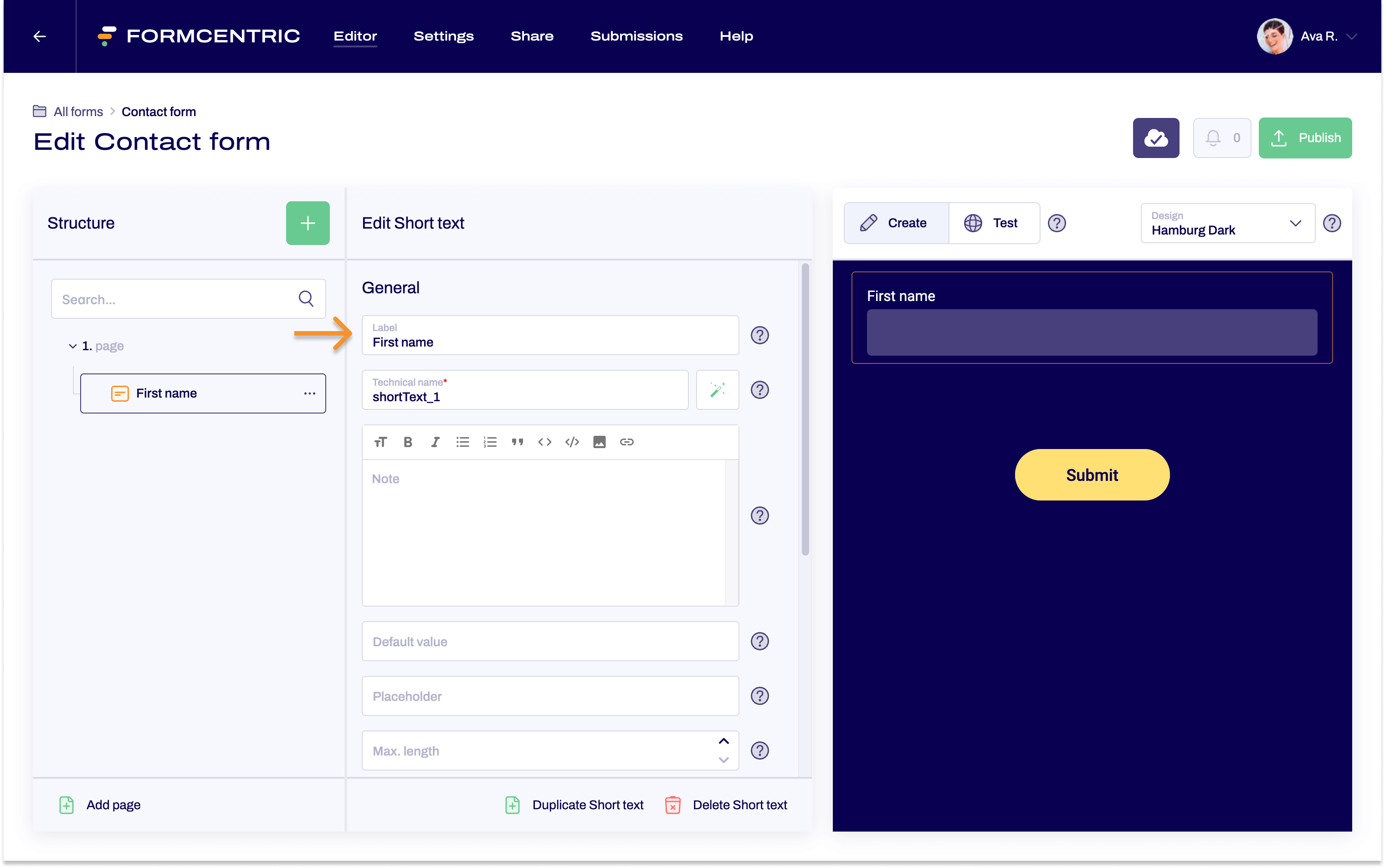 The editor is open. The Short text form element is inserted in the form. In the editing area, an arrow points to the input field for the label in which First name is entered.