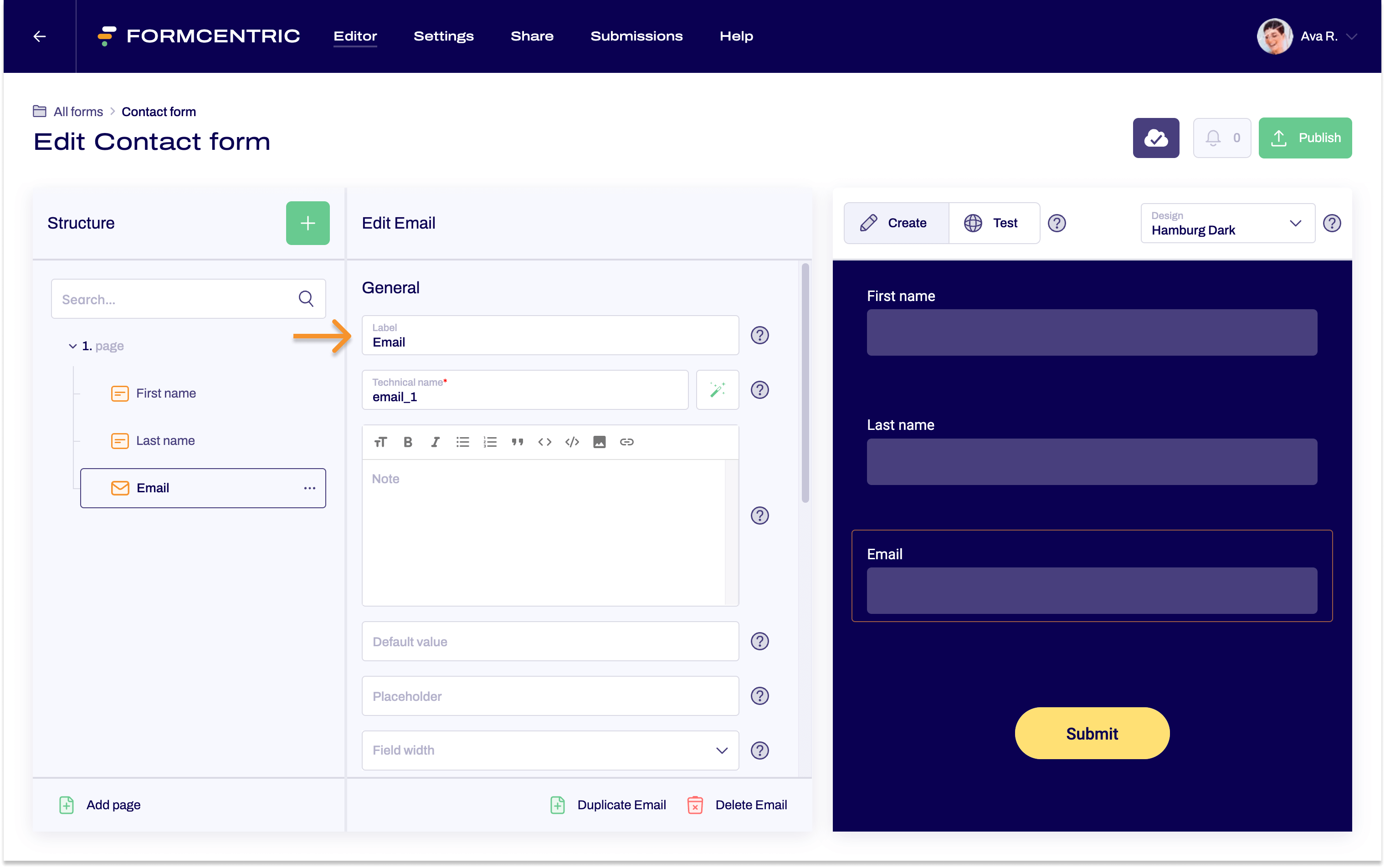 The editor is open. The Email address form element is being edited in the editing area. An arrow points to the input field for the label in which the e-mail address is entered.