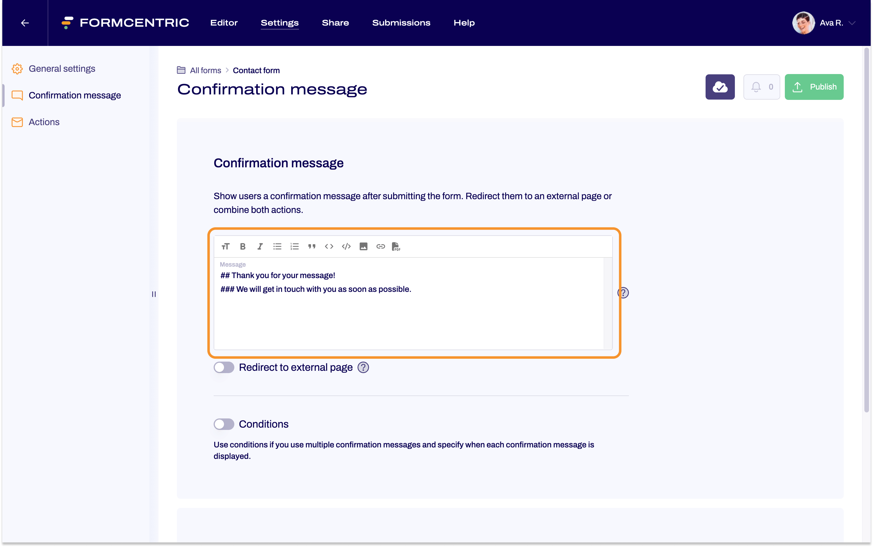 The Confirmation message area is open. A text is entered in the input field for the confirmation message. There is an orange frame on the input field to highlight it.