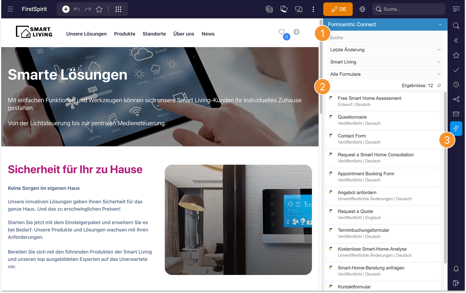 Screenshot der FirstSpirit-Oberfläche mit der Smart-Living-Website im Vorschaubereich und dem geöffneten Formcentric-Connect-Panel rechts, das eine Liste von Formularen (u. a. Kontaktformular, Terminbuchungsformular, Angebot anfordern) mit Status und Sprache anzeigt.
