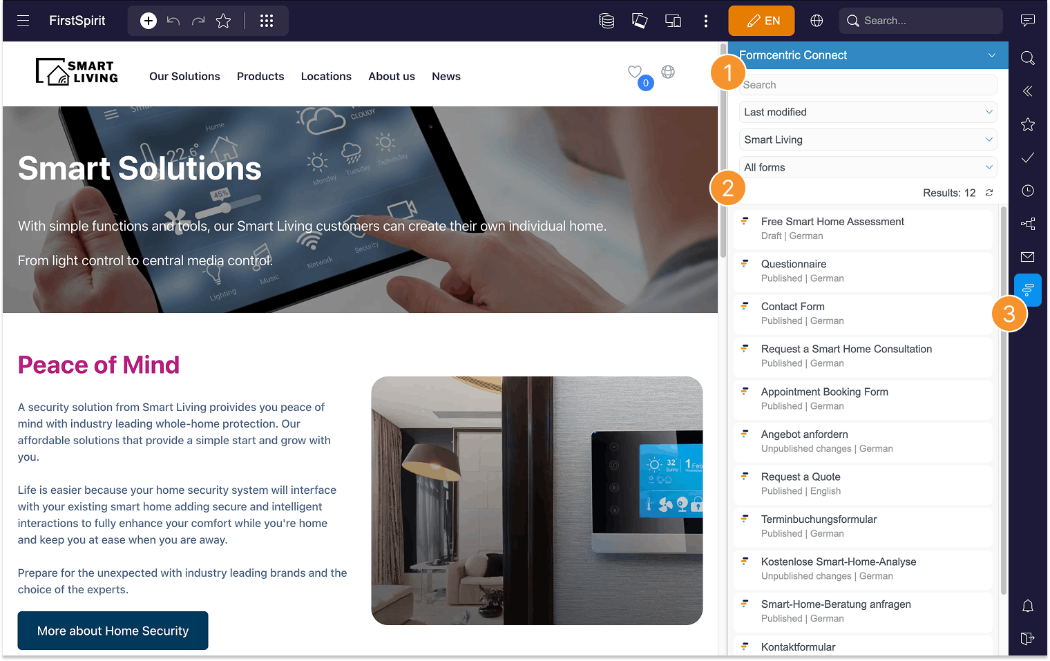 "Screenshot of the FirstSpirit interface showing the Smart Living website in English in the preview area, with the Formcentric Connect panel open on the right listing forms (e.g. Contact Form, Appointment Booking Form, Request a Quote) along with their status and language.
