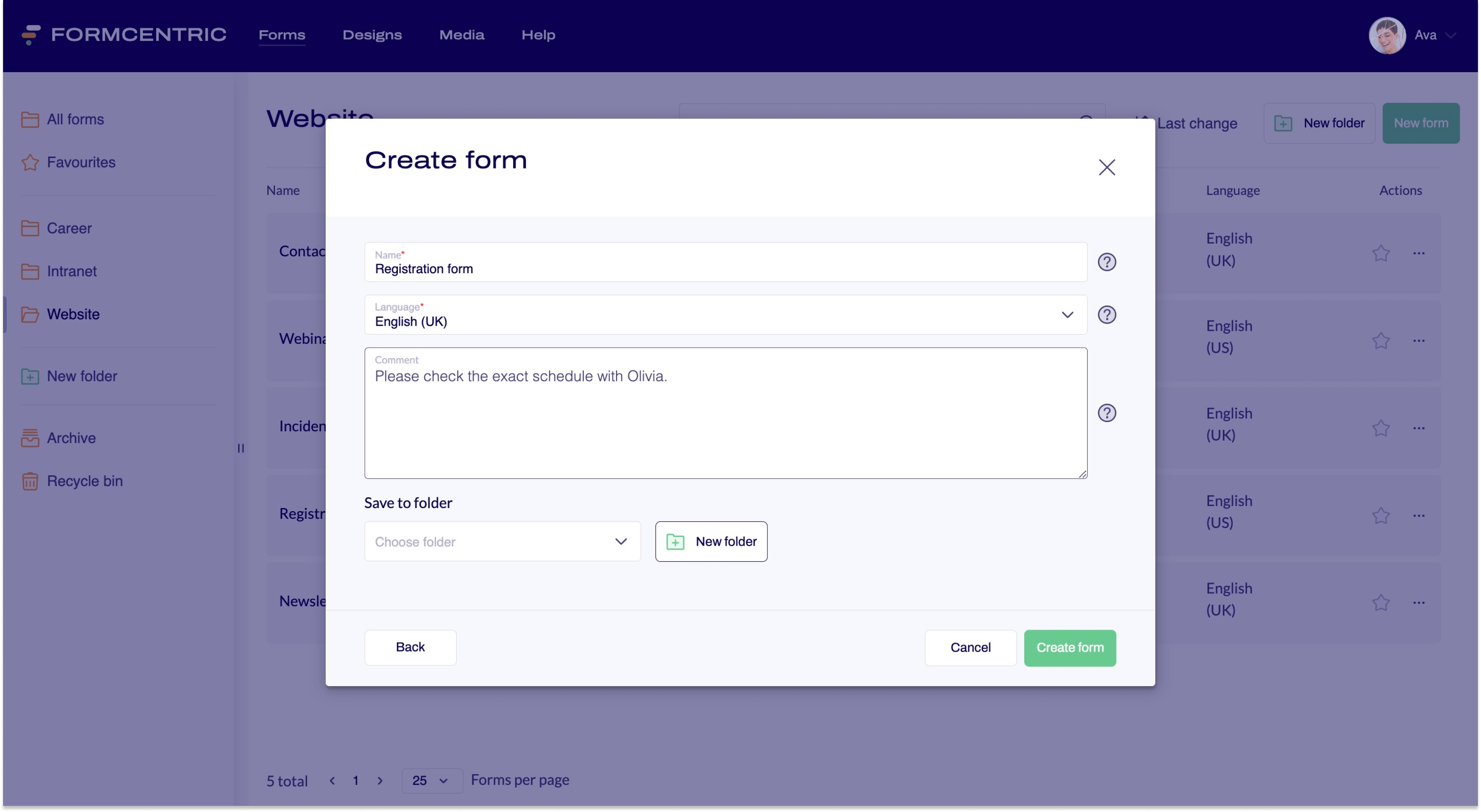 Screenshot of the dialogue window Create form.