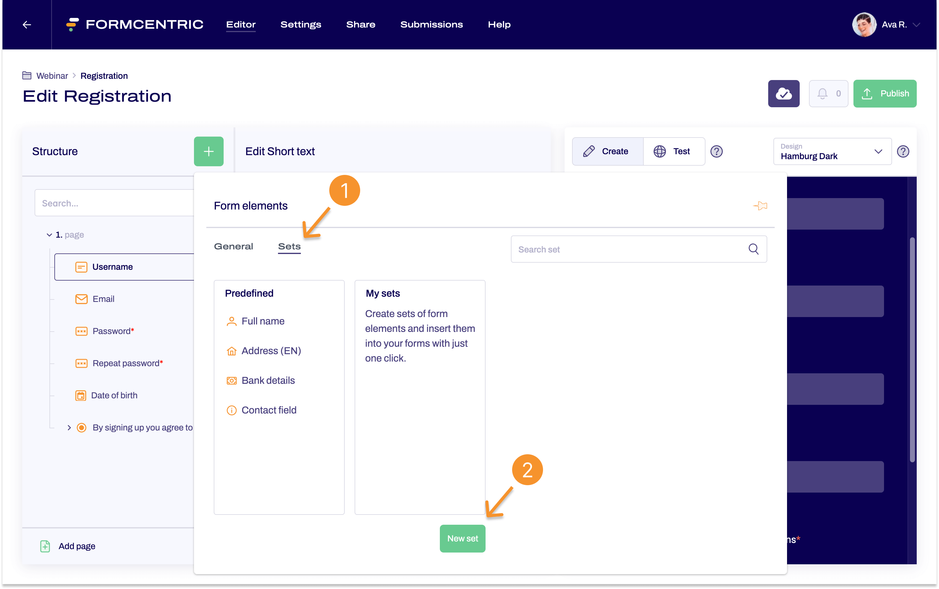 The editor is open. The popover with the form elements and sets is open. An arrow with a 1 points to the Sets tab, another arrow with the number 2 points to the New set button.