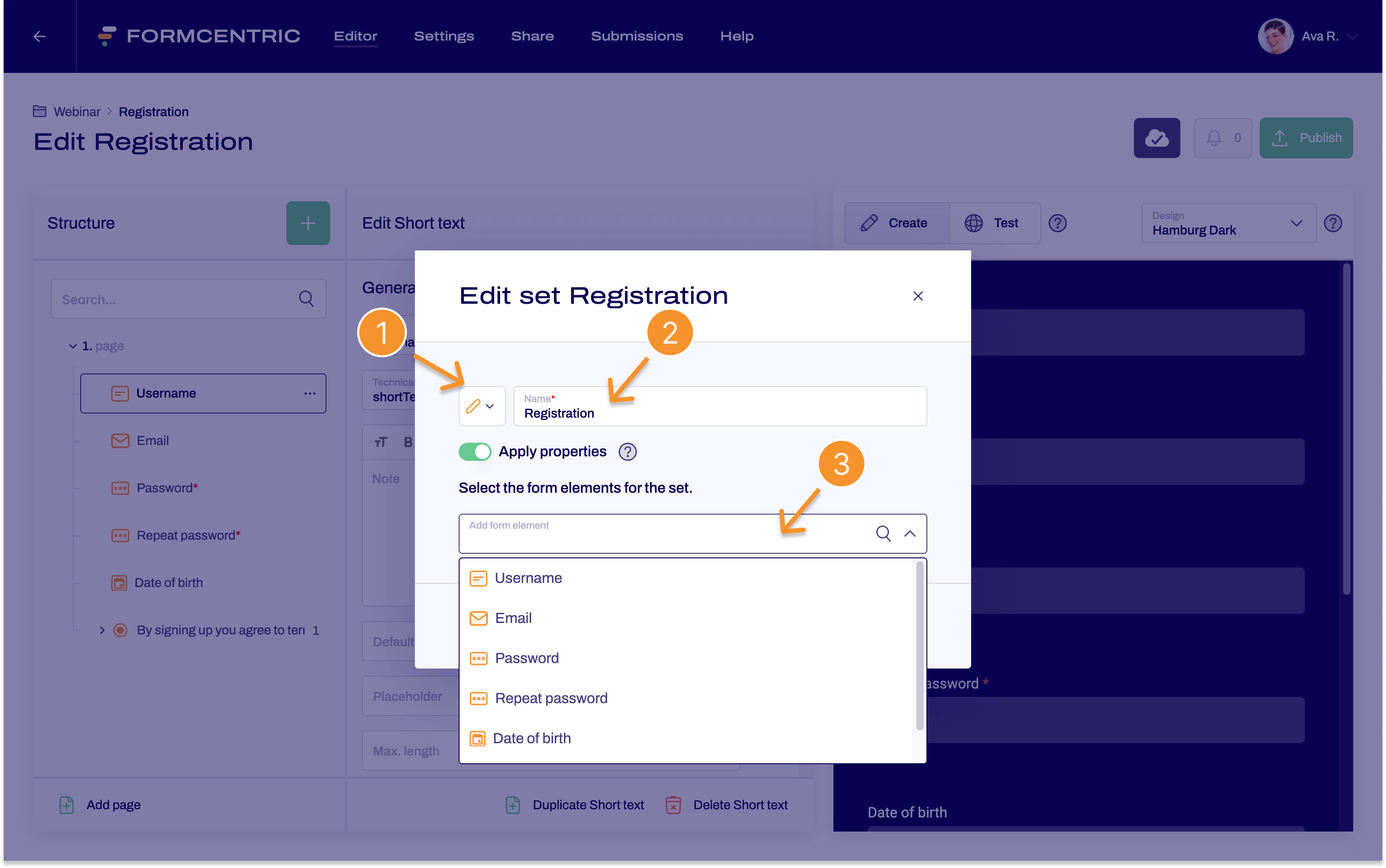 The Edit set dialogue window opens. An icon and a name for the new set to be created can be assigned here. A pen has been selected for the set and Registration for the name. The form elements available in the form can be selected via a dropdown.