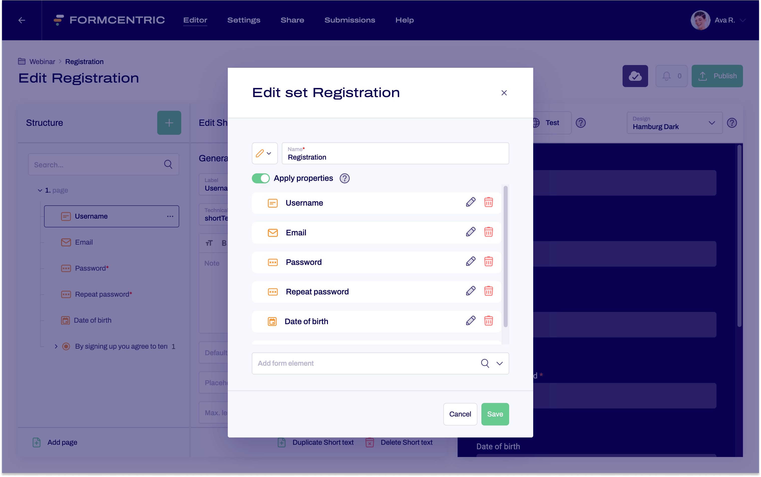 The Edit registration set dialogue window is opened. A pen has been assigned to the set as an icon. The Apply properties checkbox is activated. There are several form elements in the set.