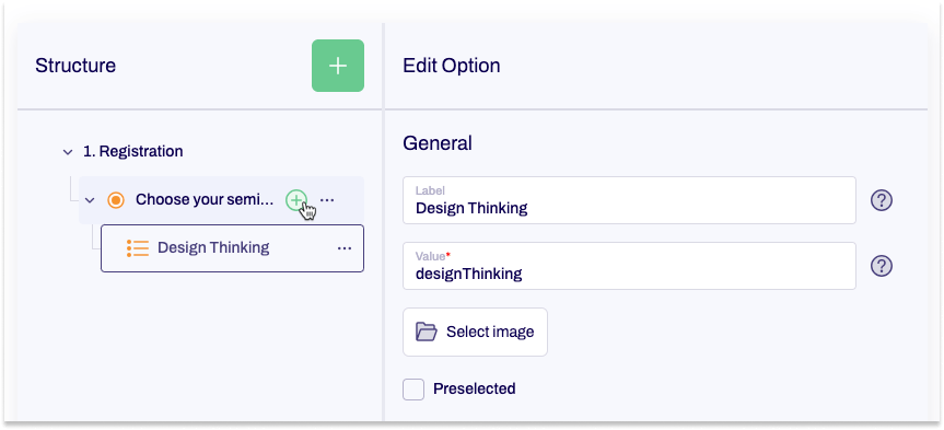It is shown how options can be added in the editor for a single selection.