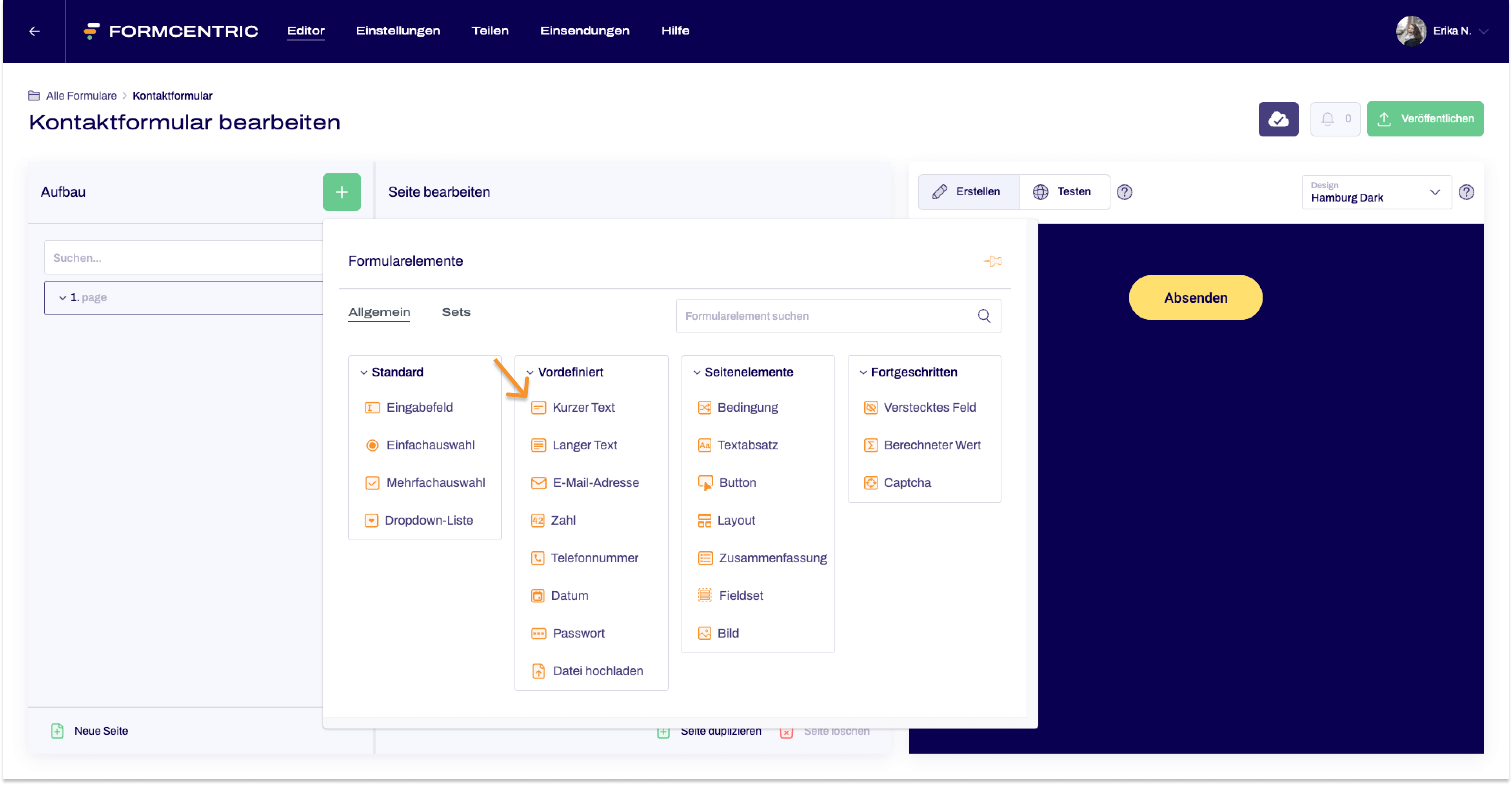 Der Editor ist zu sehen. Das Modal mit den zur Verfügung stehenden Formularelementen ist geöffnet. Ein Pfeil zeigt dort auf das Formularelement Kurzer Text.