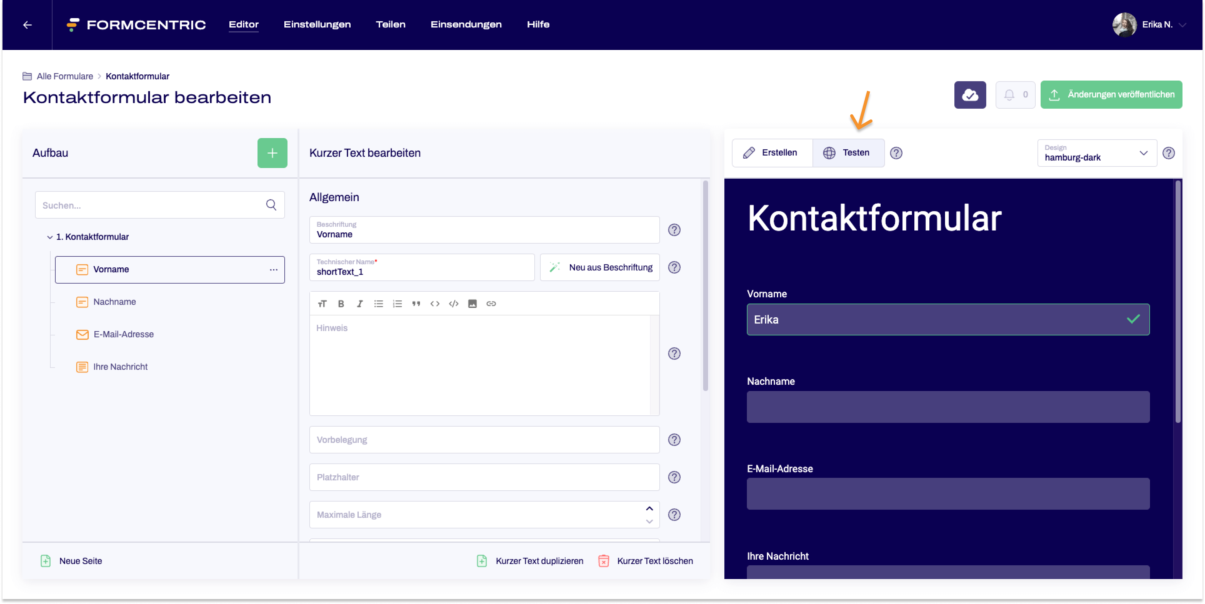 Der Editor ist zu sehen. Es liegt ein einfaches Kontaktformular vor. Ein Pfeil zeigt auf den Button Testen, bei der Auswahl der Ansicht. 