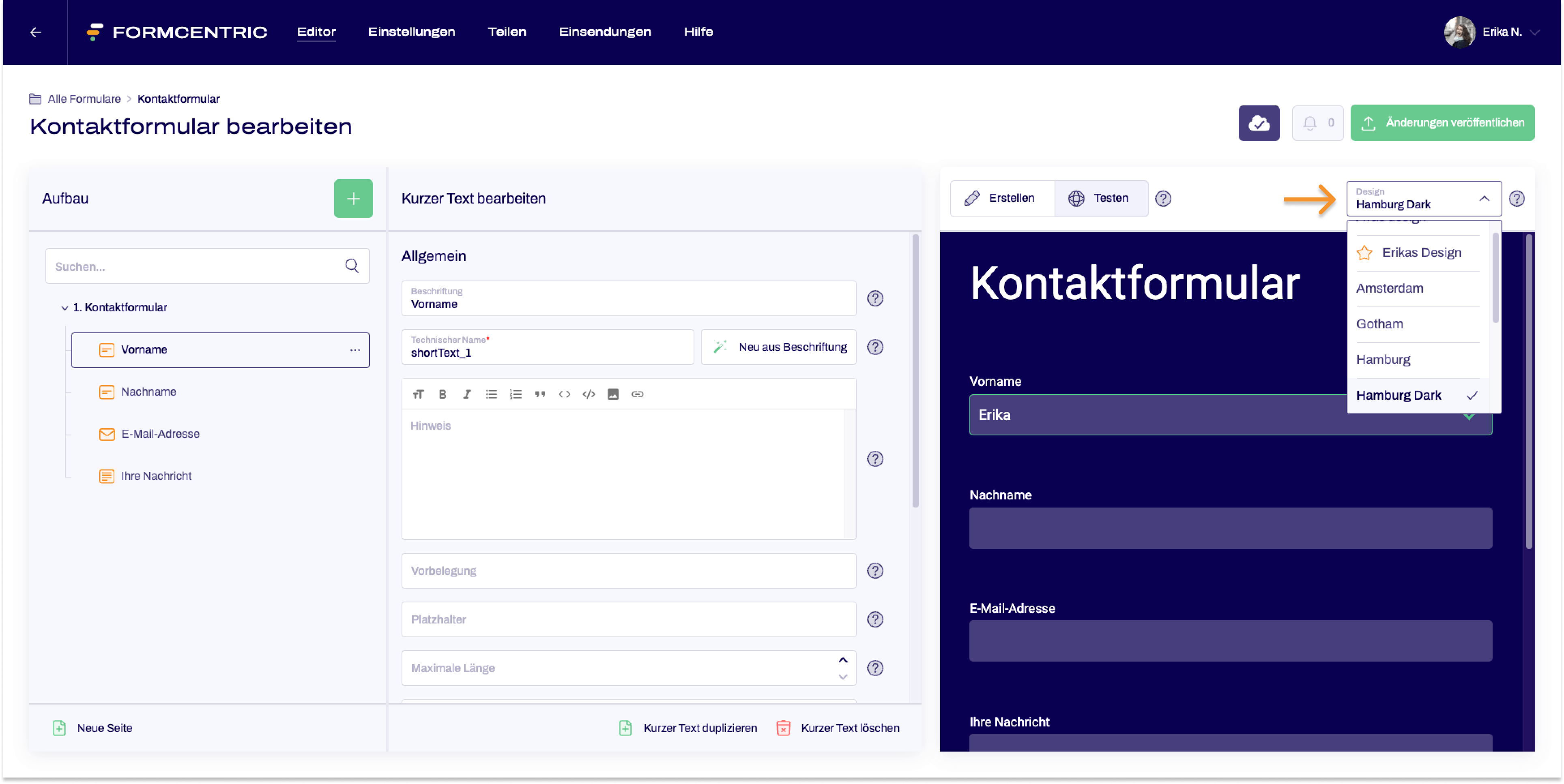 Der Editor ist zu sehen. Es liegt ein einfaches Kontaktformular vor. Ein Pfeil zeigt auf das aufgeklappte Dropdown-Menü Design.