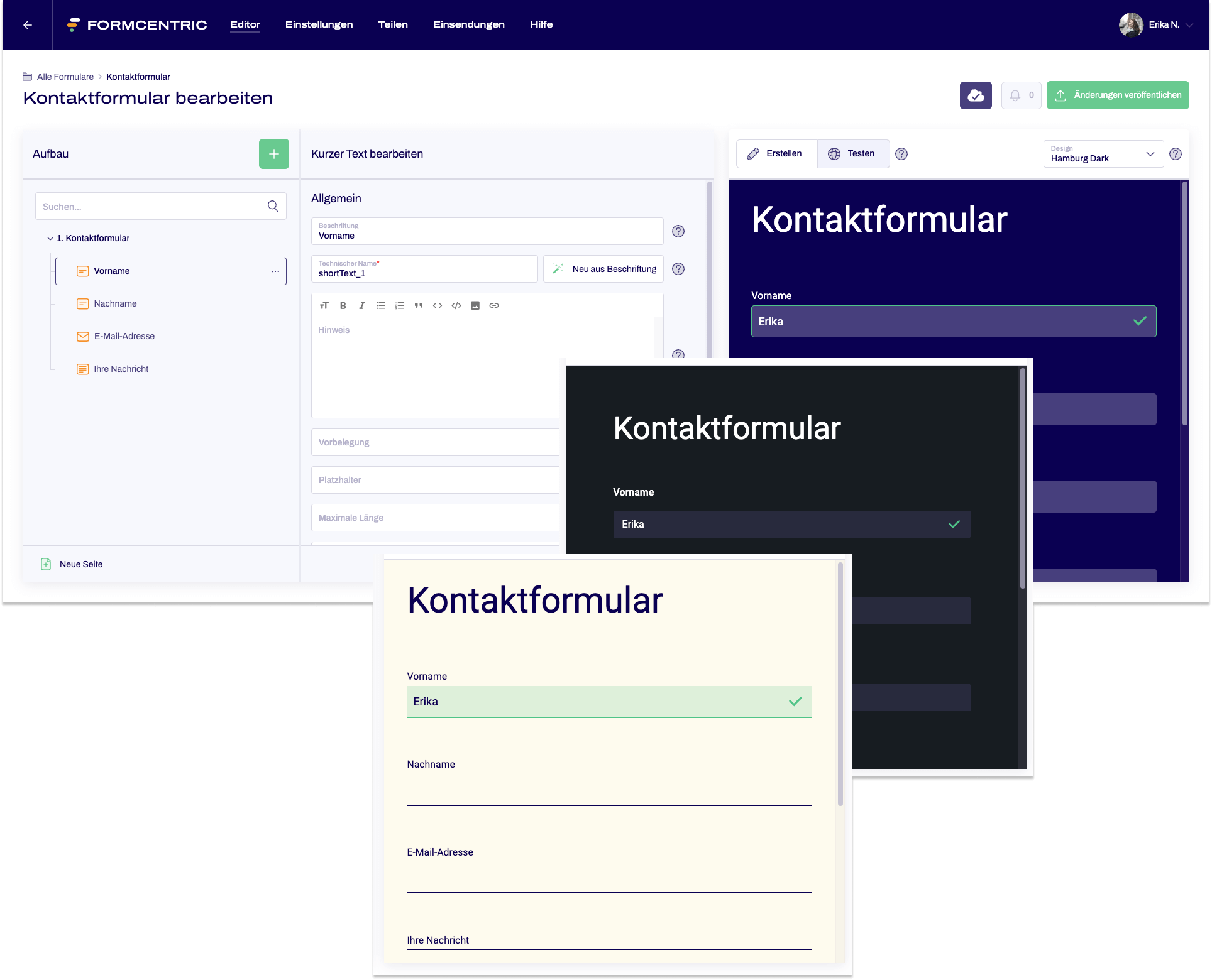 Der Editor ist zu sehen. Ein einfaches Kontaktformular liegt vor. Die Vorschau des Kontaktformulars liegt in zwei weiteren Designs zur Ansicht vor.