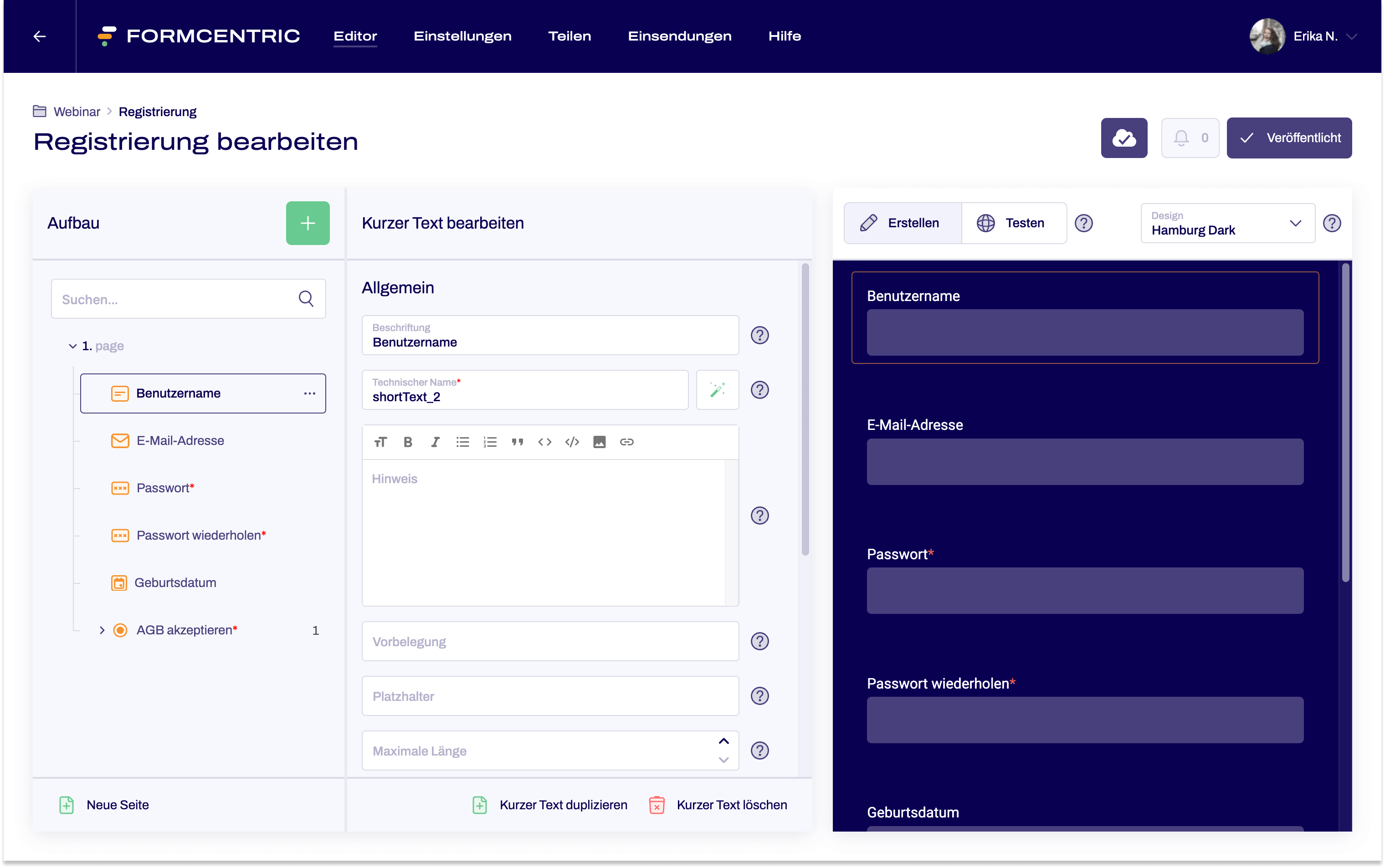 Der Editor ist geöffnet. Ein Formular, das Registrierung heißt, ist geöffnet. Es befinden sich verschiedene Formularelemente im Formular.