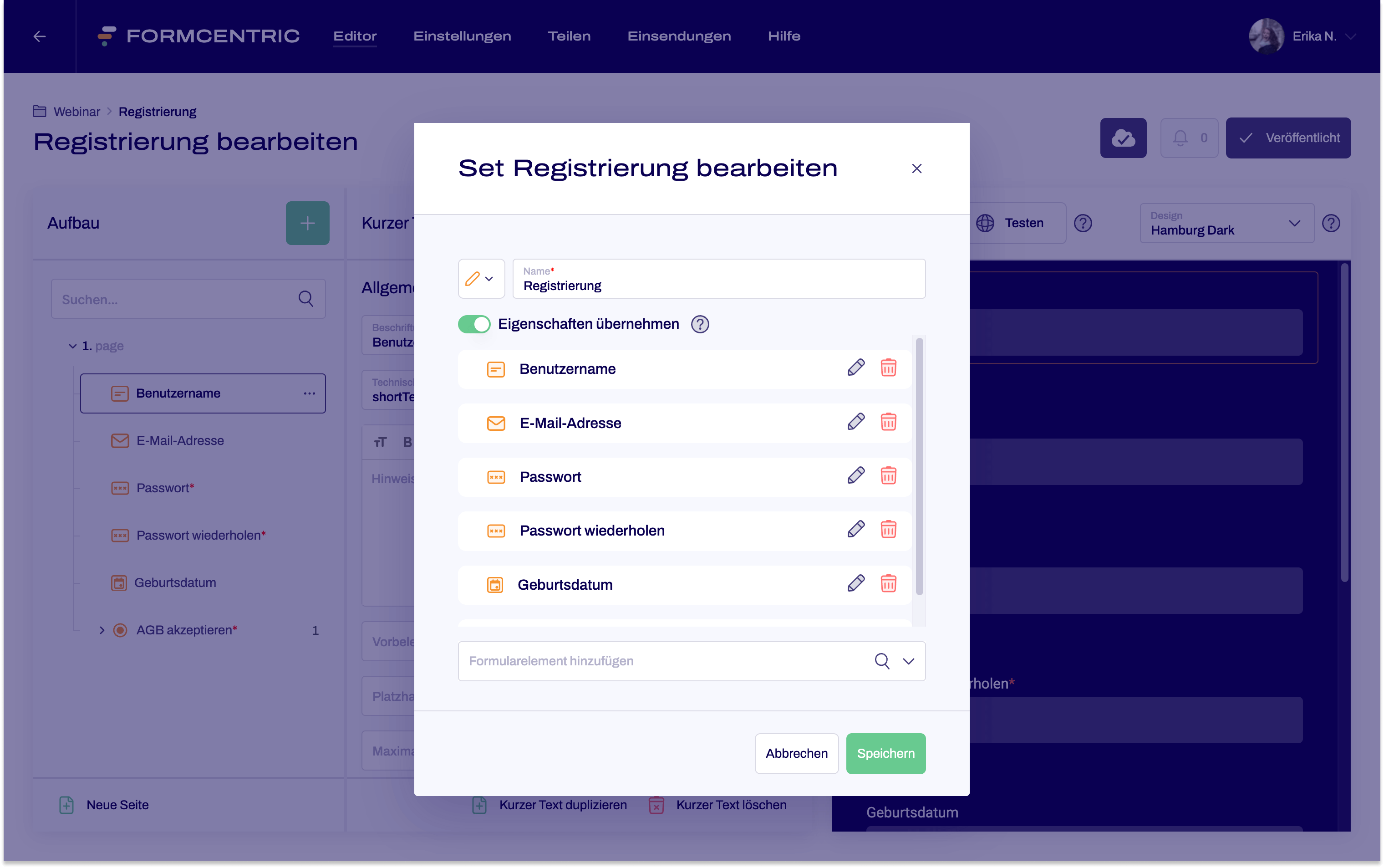 Das Dialogfenster Set Registrierung bearbeiten ist geöffnet. Dem Set wurde als Icon ein Stift zugewiesen. Der Schalter bei Eigenschaften übernehmen ist aktiviert. Es befinden sich mehrere Formularelemente im Set.