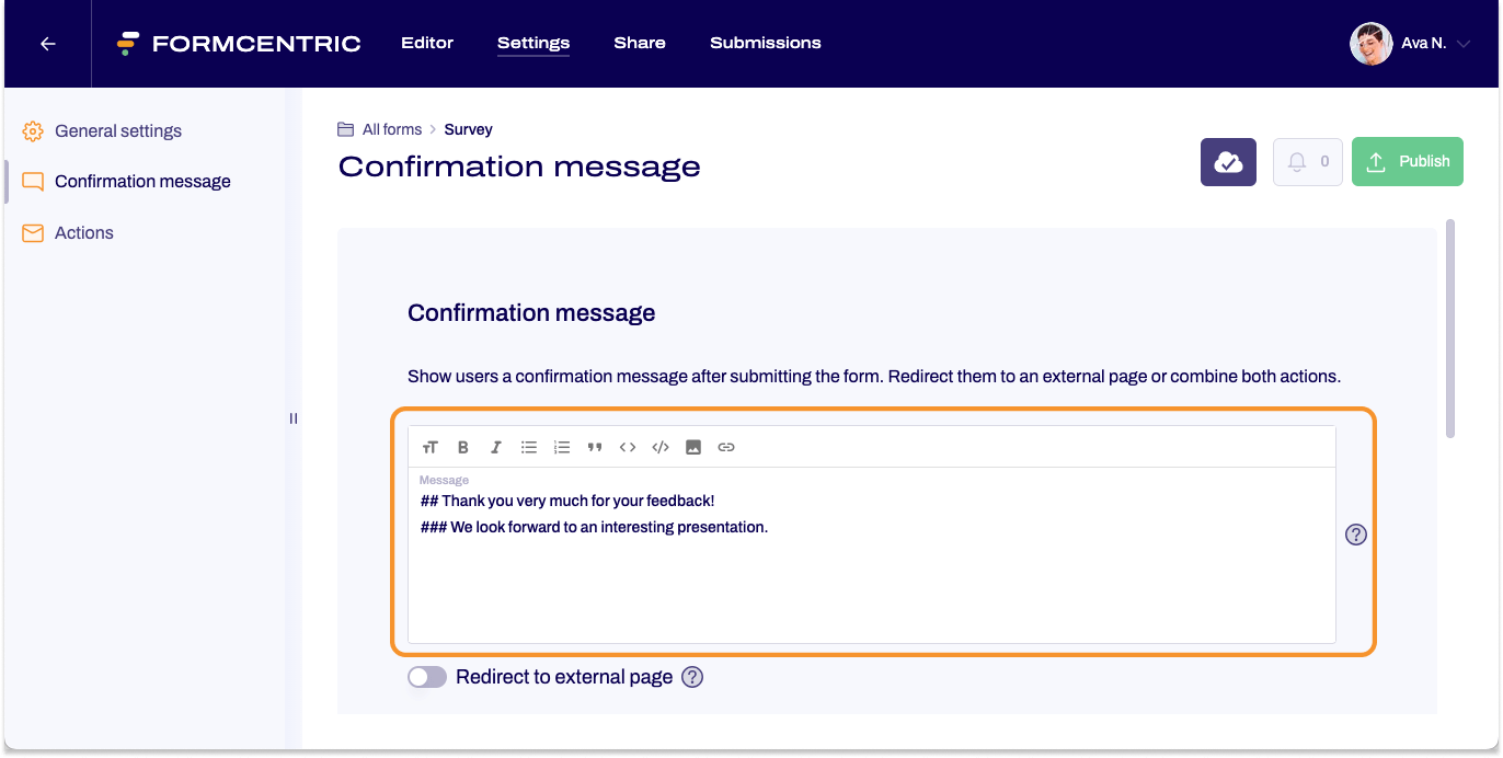 A confirmation message is displayed. The text input area is highlighted with an orange frame.