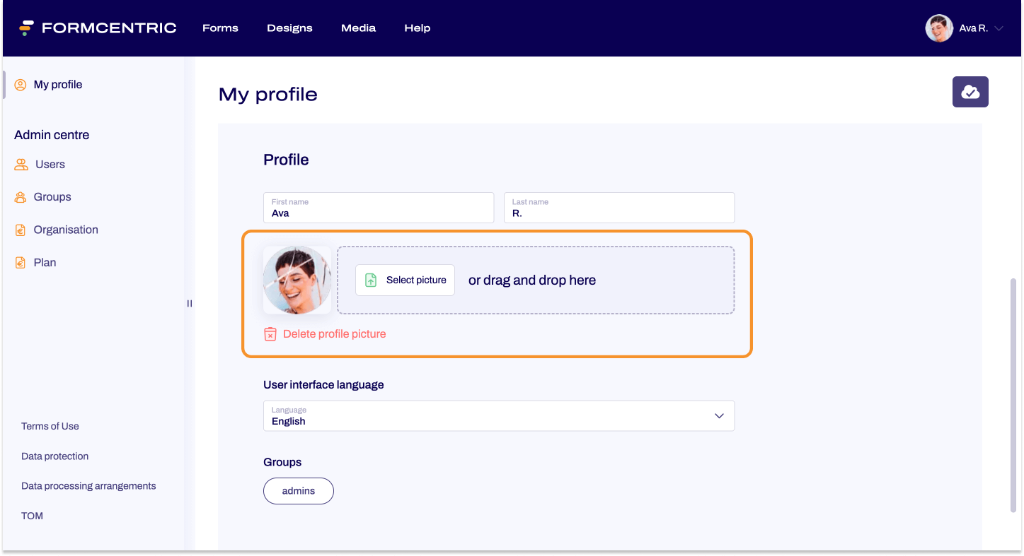 The My profile area is visible. An orange frame marks the area where the profile picture can be uploaded.
