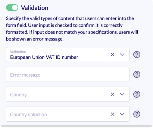 Section of the editing area. The validator European Union VAT registration number is selected.